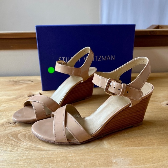 STUART WEITZMAN NEXTWEDGE ADOBE ANILINE SANDAL 9 LEATHER ADJ STRAP SUMMER CHIC - Picture 1 of 11